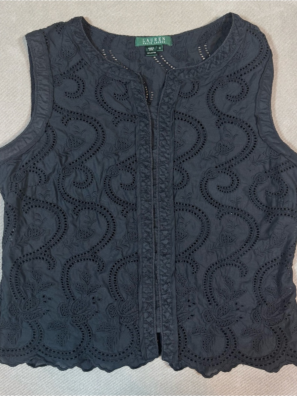 Ralph Lauren Blouse Women’s 12 Black Eyelet Lace Button Front Romantic Coquette